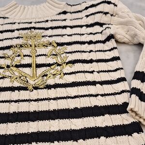 VTG Ann Taylor Navy Cream Striped Sweater Nautical Preppy Chunky Cable Knit S-M